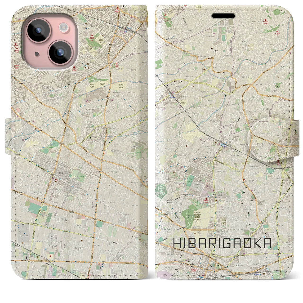 【ひばりヶ丘】地図柄iPhoneケース（手帳両面タイプ・ナチュラル）iPhone 15 Plus 用