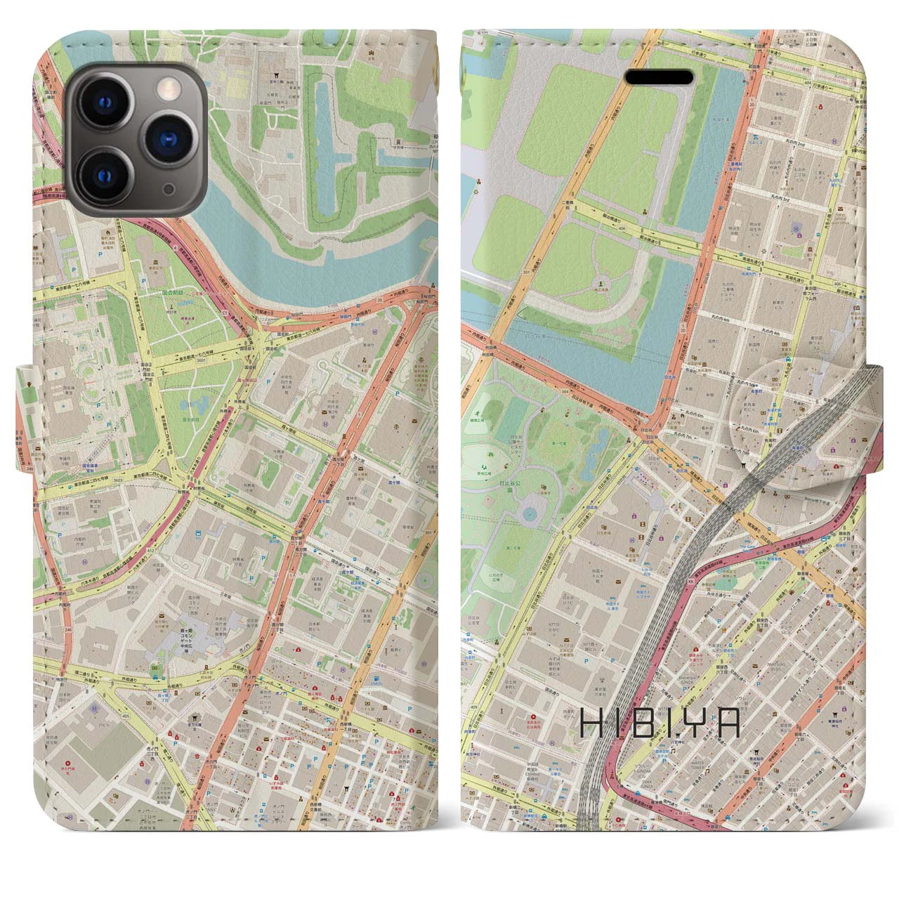 【日比谷】地図柄iPhoneケース（手帳両面タイプ・ナチュラル）iPhone 11 Pro Max 用
