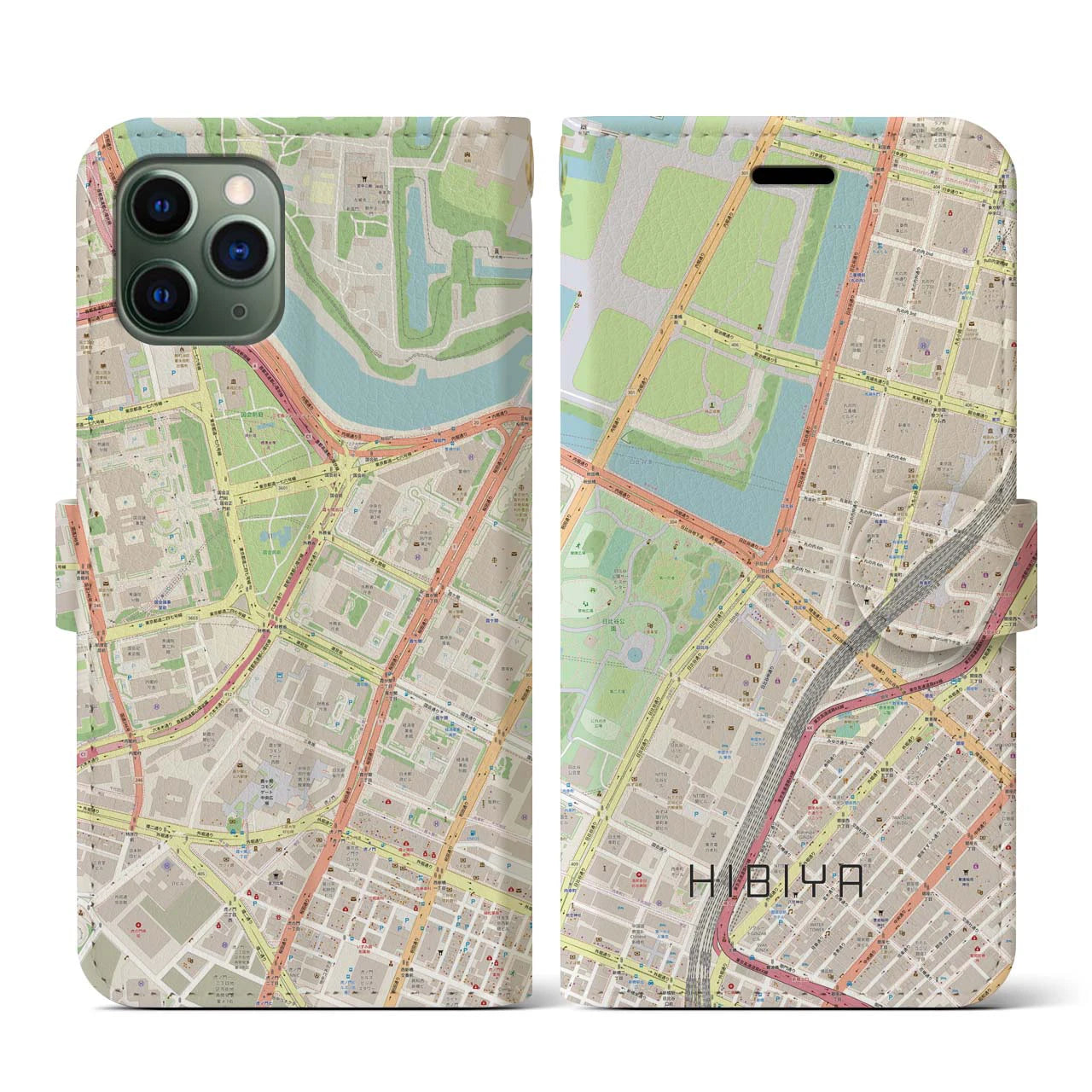 【日比谷】地図柄iPhoneケース（手帳両面タイプ・ナチュラル）iPhone 11 Pro 用