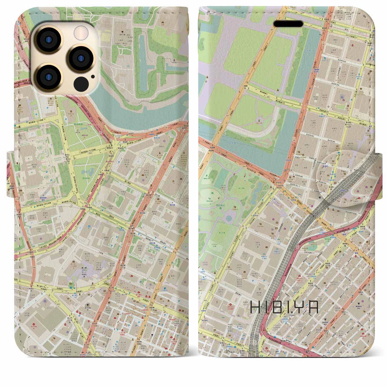 【日比谷】地図柄iPhoneケース（手帳両面タイプ・ナチュラル）iPhone 12 Pro Max 用