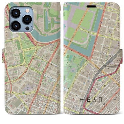 【日比谷（東京都）】地図柄iPhoneケース（手帳タイプ）ナチュラル・iPhone 13 Pro Max 用