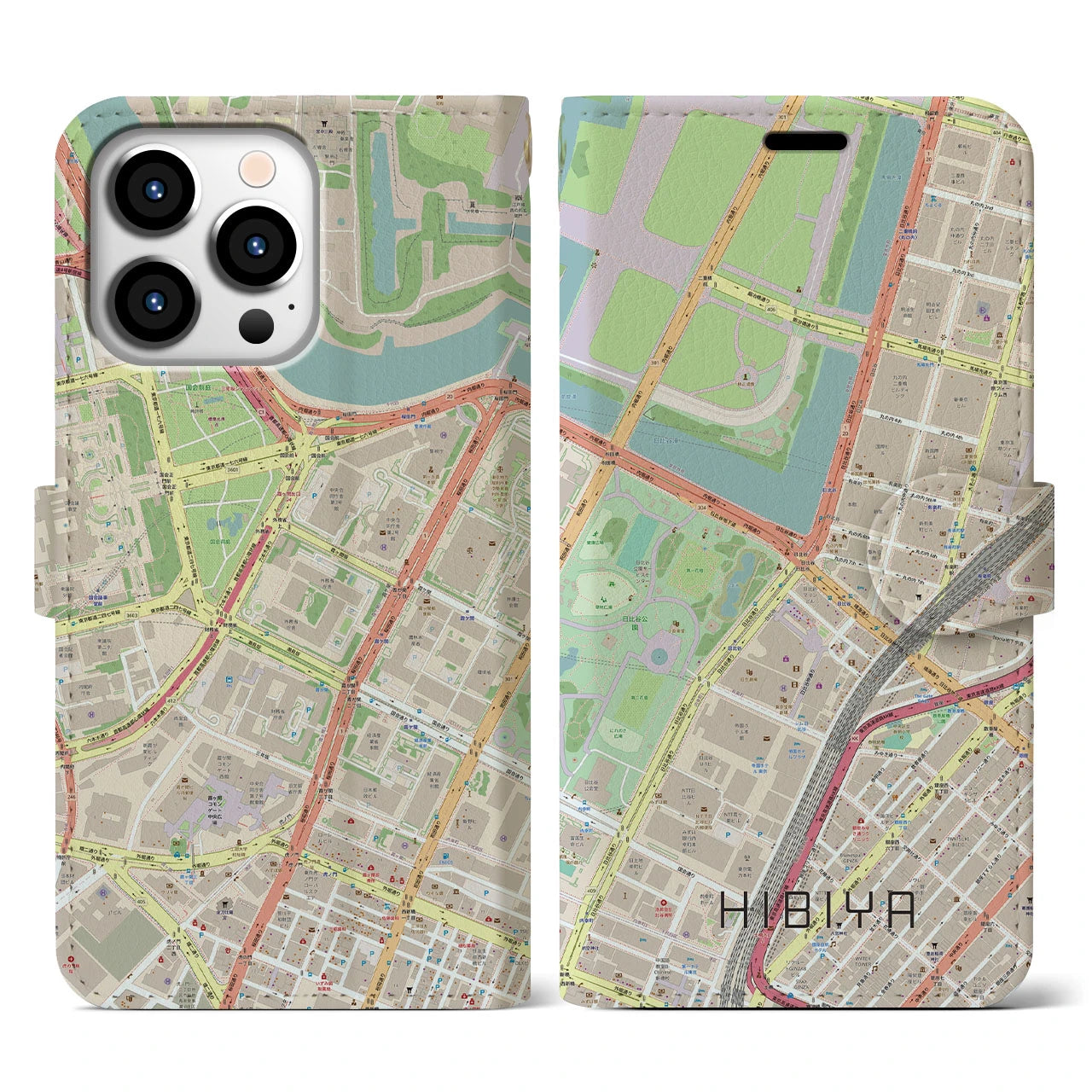 【日比谷】地図柄iPhoneケース（手帳両面タイプ・ナチュラル）iPhone 13 Pro 用