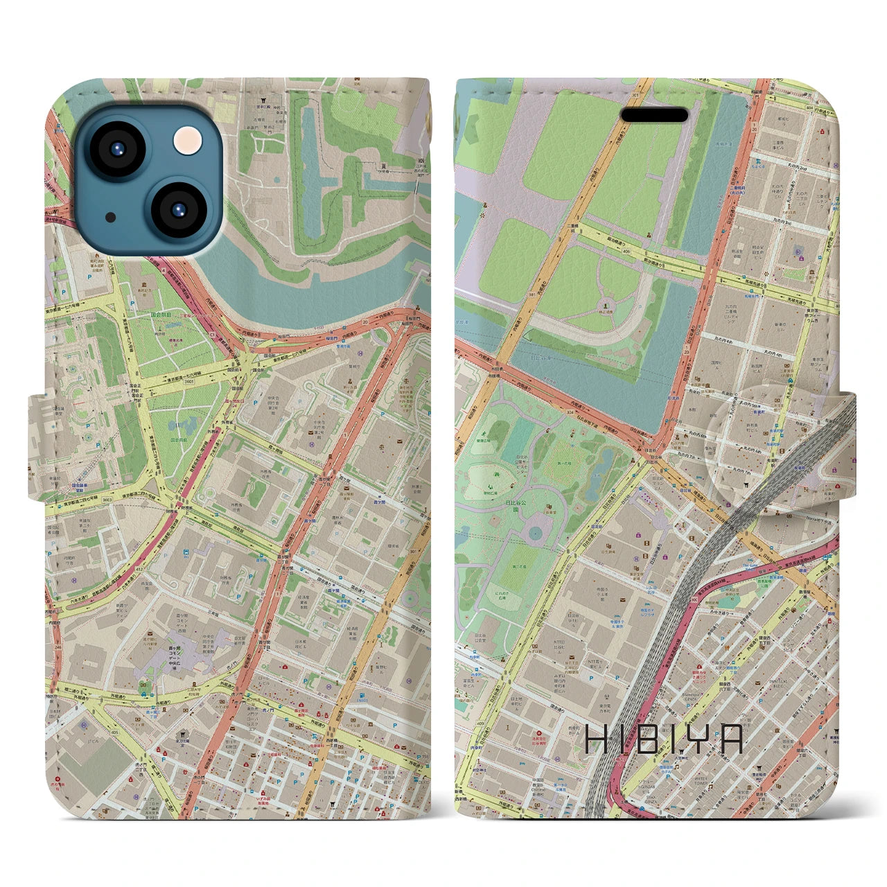 【日比谷】地図柄iPhoneケース（手帳両面タイプ・ナチュラル）iPhone 13 用