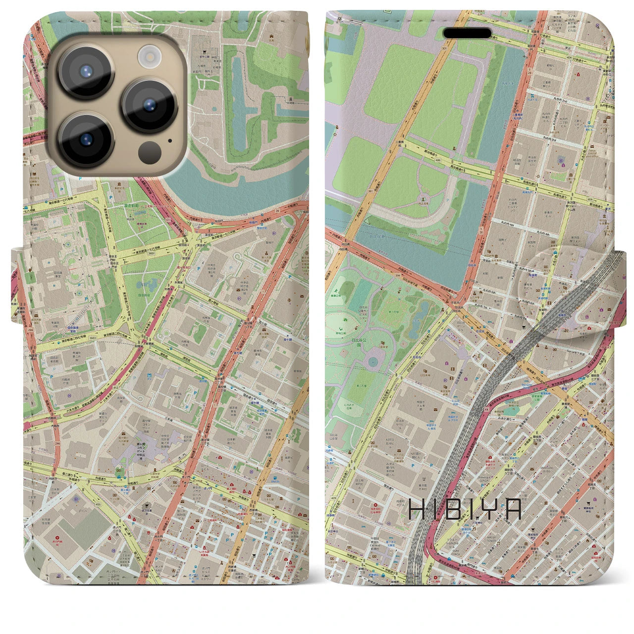 【日比谷】地図柄iPhoneケース（手帳両面タイプ・ナチュラル）iPhone 14 Pro Max 用