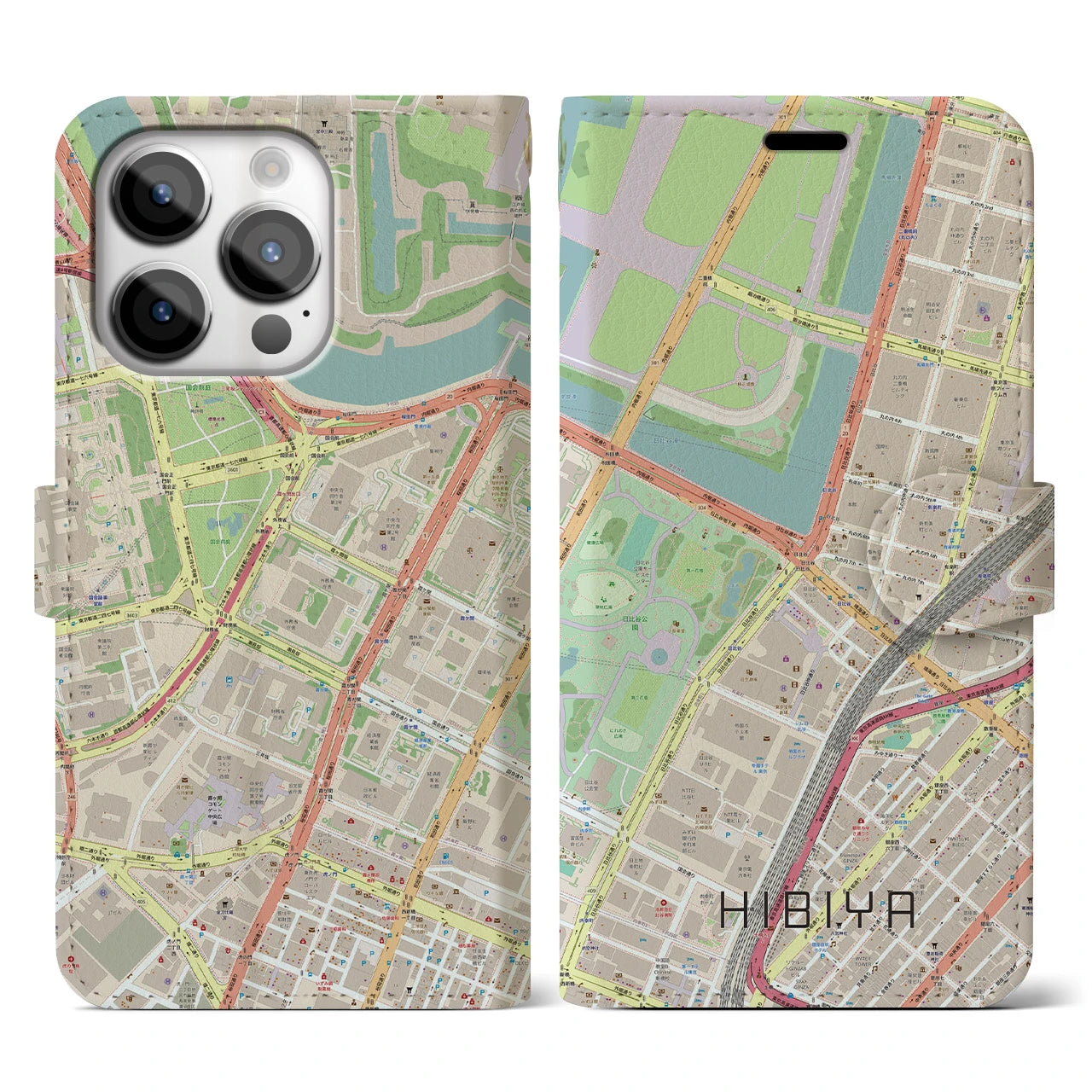 【日比谷】地図柄iPhoneケース（手帳両面タイプ・ナチュラル）iPhone 14 Pro 用