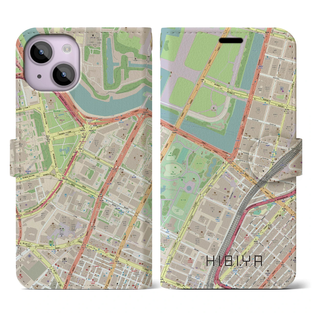 【日比谷】地図柄iPhoneケース（手帳両面タイプ・ナチュラル）iPhone 14 用