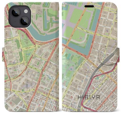 【日比谷（東京都）】地図柄iPhoneケース（手帳タイプ）ナチュラル・iPhone 14 Plus 用