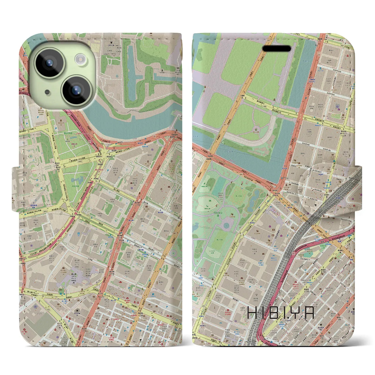 【日比谷】地図柄iPhoneケース（手帳両面タイプ・ナチュラル）iPhone 15 用