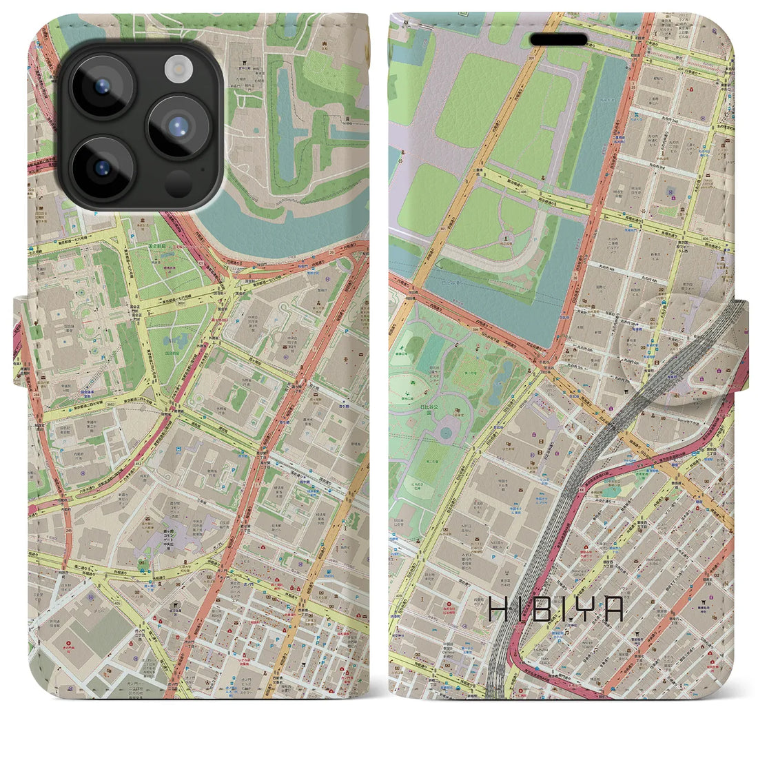 【日比谷】地図柄iPhoneケース（手帳両面タイプ・ナチュラル）iPhone 15 Pro Max 用