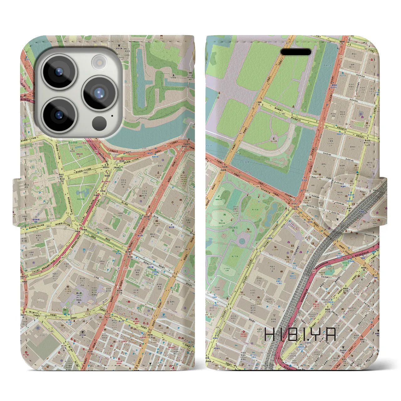 【日比谷】地図柄iPhoneケース（手帳両面タイプ・ナチュラル）iPhone 15 Pro 用