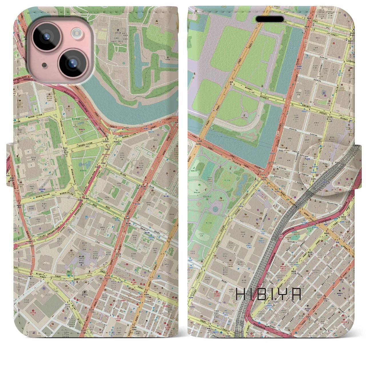 【日比谷】地図柄iPhoneケース（手帳両面タイプ・ナチュラル）iPhone 15 Plus 用