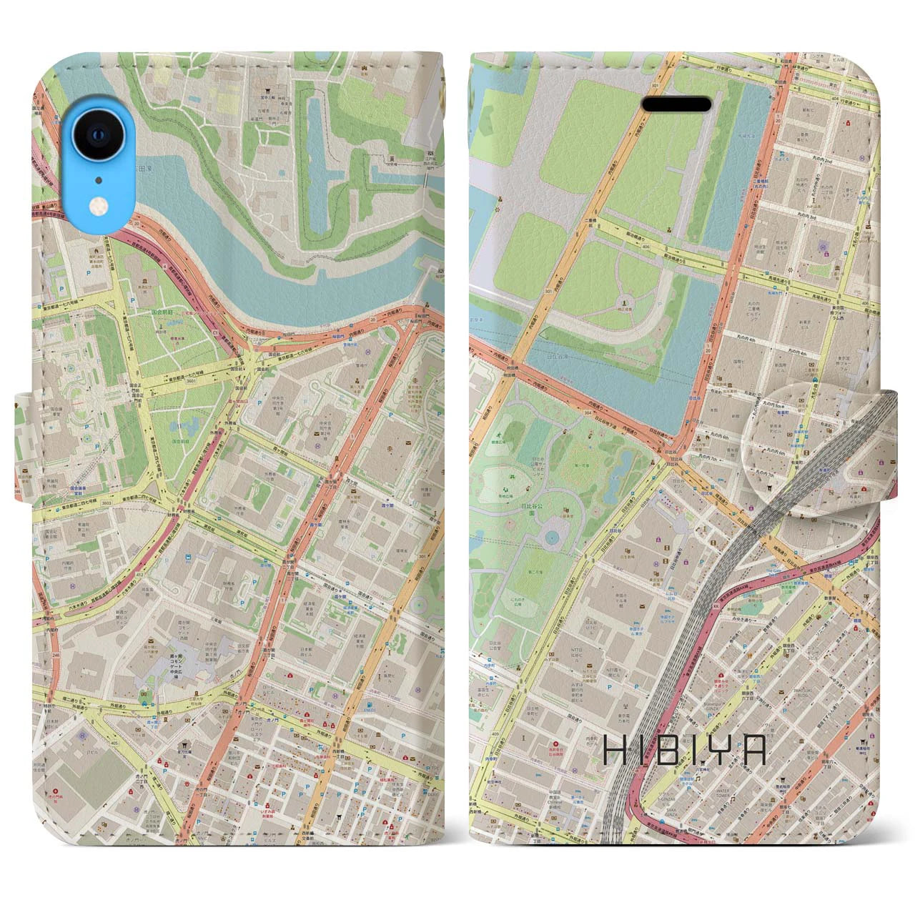 【日比谷】地図柄iPhoneケース（手帳両面タイプ・ナチュラル）iPhone XR 用