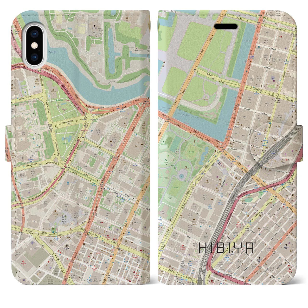 【日比谷】地図柄iPhoneケース（手帳両面タイプ・ナチュラル）iPhone XS Max 用
