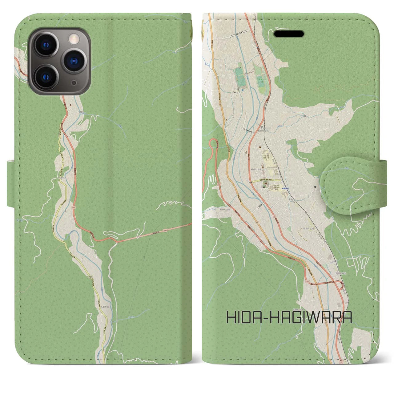 【飛騨萩原】地図柄iPhoneケース（手帳両面タイプ・ナチュラル）iPhone 11 Pro Max 用