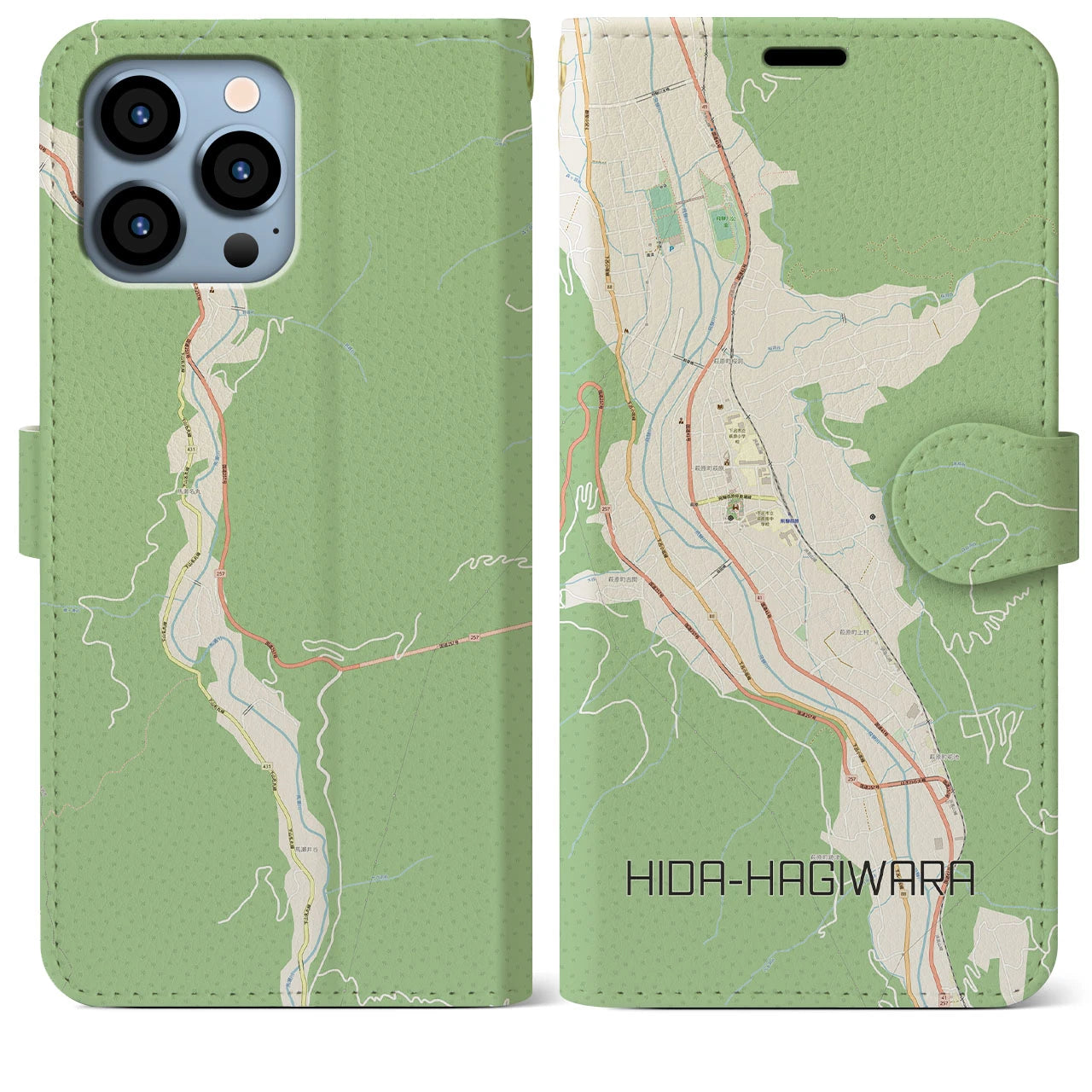【飛騨萩原】地図柄iPhoneケース（手帳両面タイプ・ナチュラル）iPhone 13 Pro Max 用