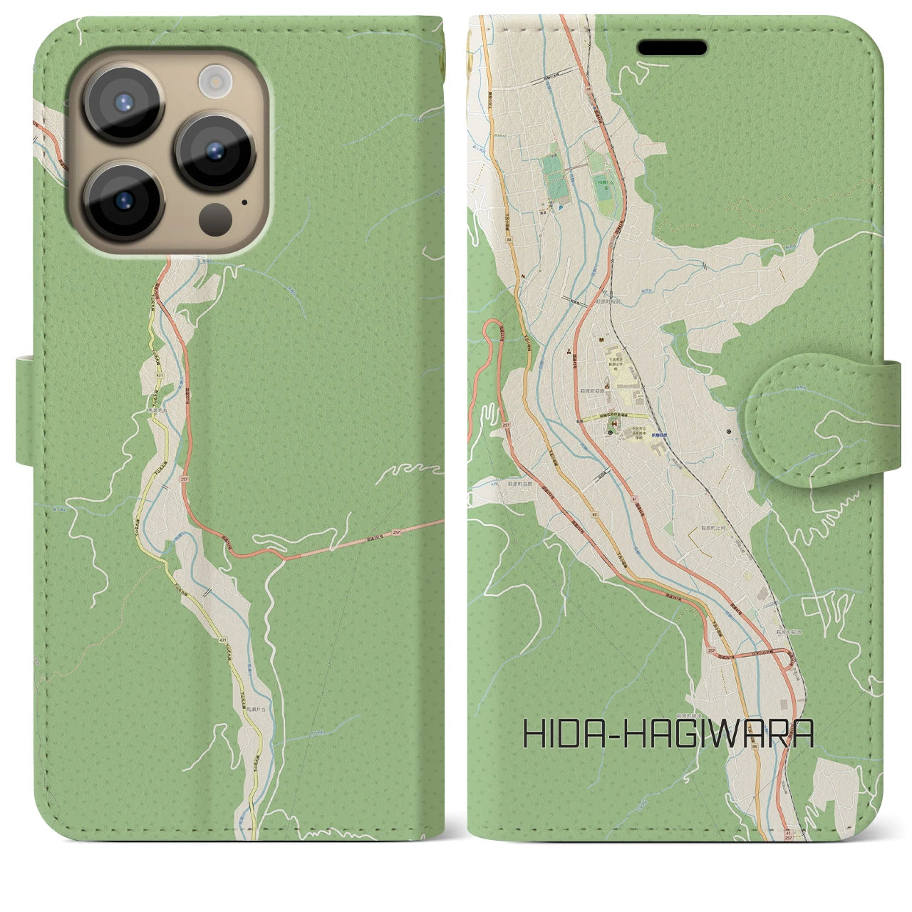 【飛騨萩原】地図柄iPhoneケース（手帳両面タイプ・ナチュラル）iPhone 14 Pro Max 用