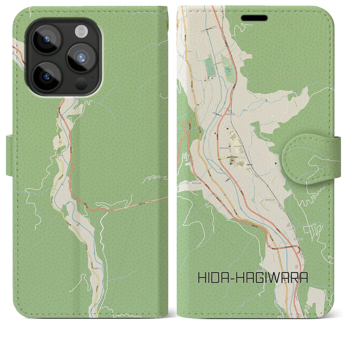 【飛騨萩原】地図柄iPhoneケース（手帳両面タイプ・ナチュラル）iPhone 15 Pro Max 用