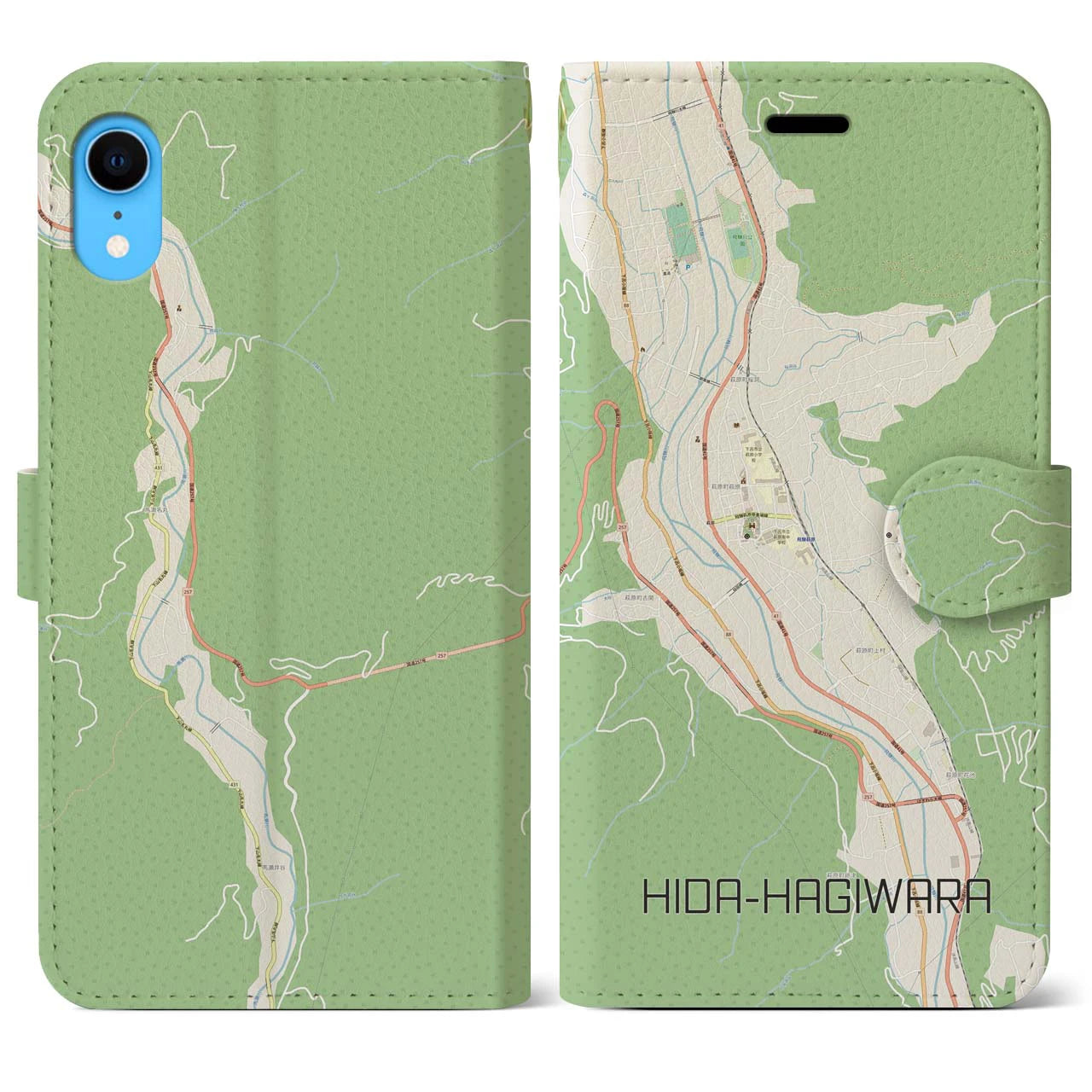 【飛騨萩原】地図柄iPhoneケース（手帳両面タイプ・ナチュラル）iPhone XR 用