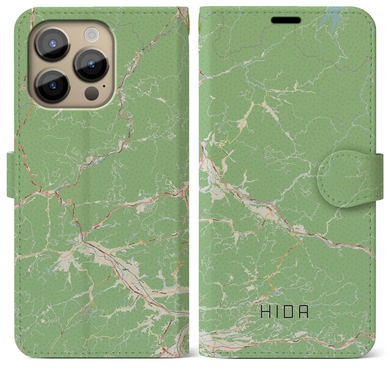 【飛騨】地図柄iPhoneケース（手帳両面タイプ・ナチュラル）iPhone 14 Pro Max 用