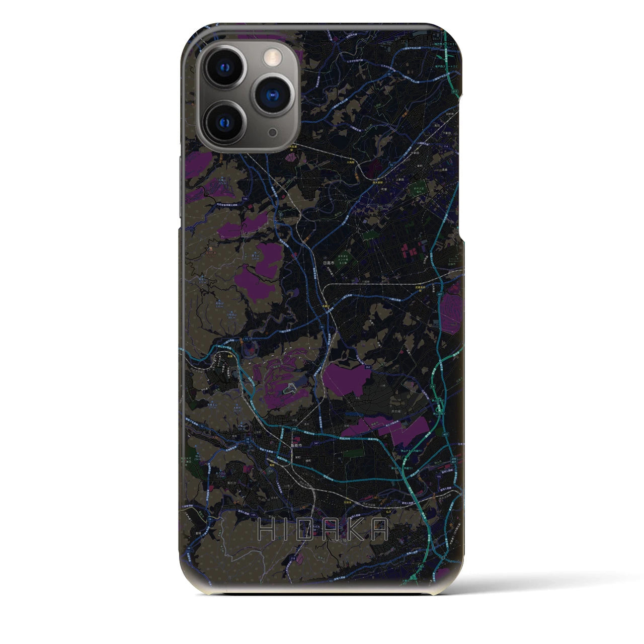 【日高】地図柄iPhoneケース（バックカバータイプ・ブラック）iPhone 11 Pro Max 用