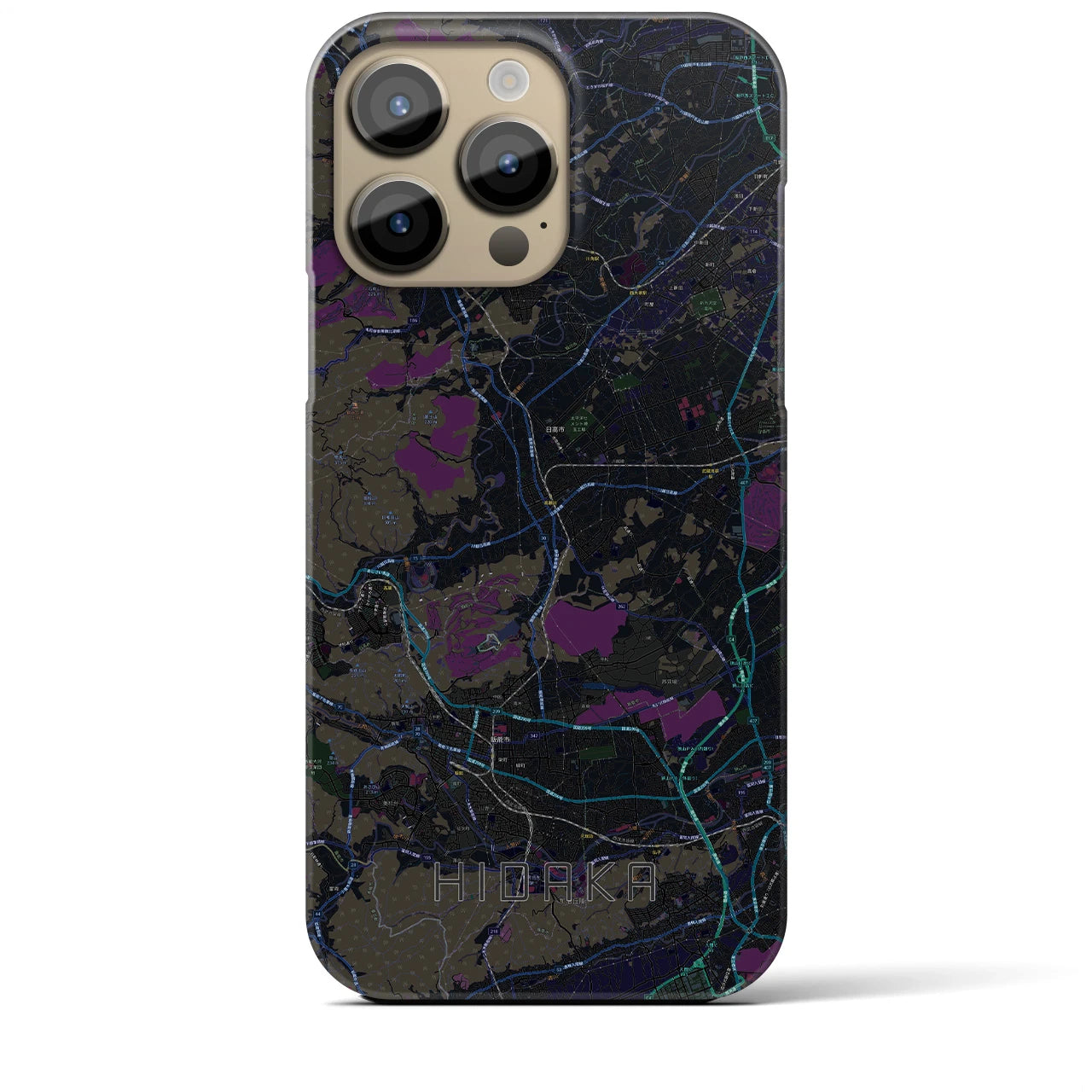 【日高】地図柄iPhoneケース（バックカバータイプ・ブラック）iPhone 14 Pro Max 用