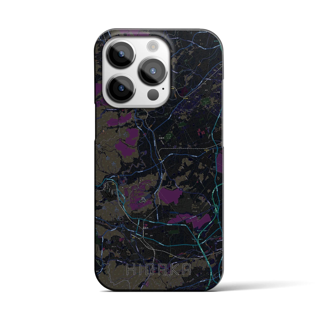 【日高】地図柄iPhoneケース（バックカバータイプ・ブラック）iPhone 14 Pro 用