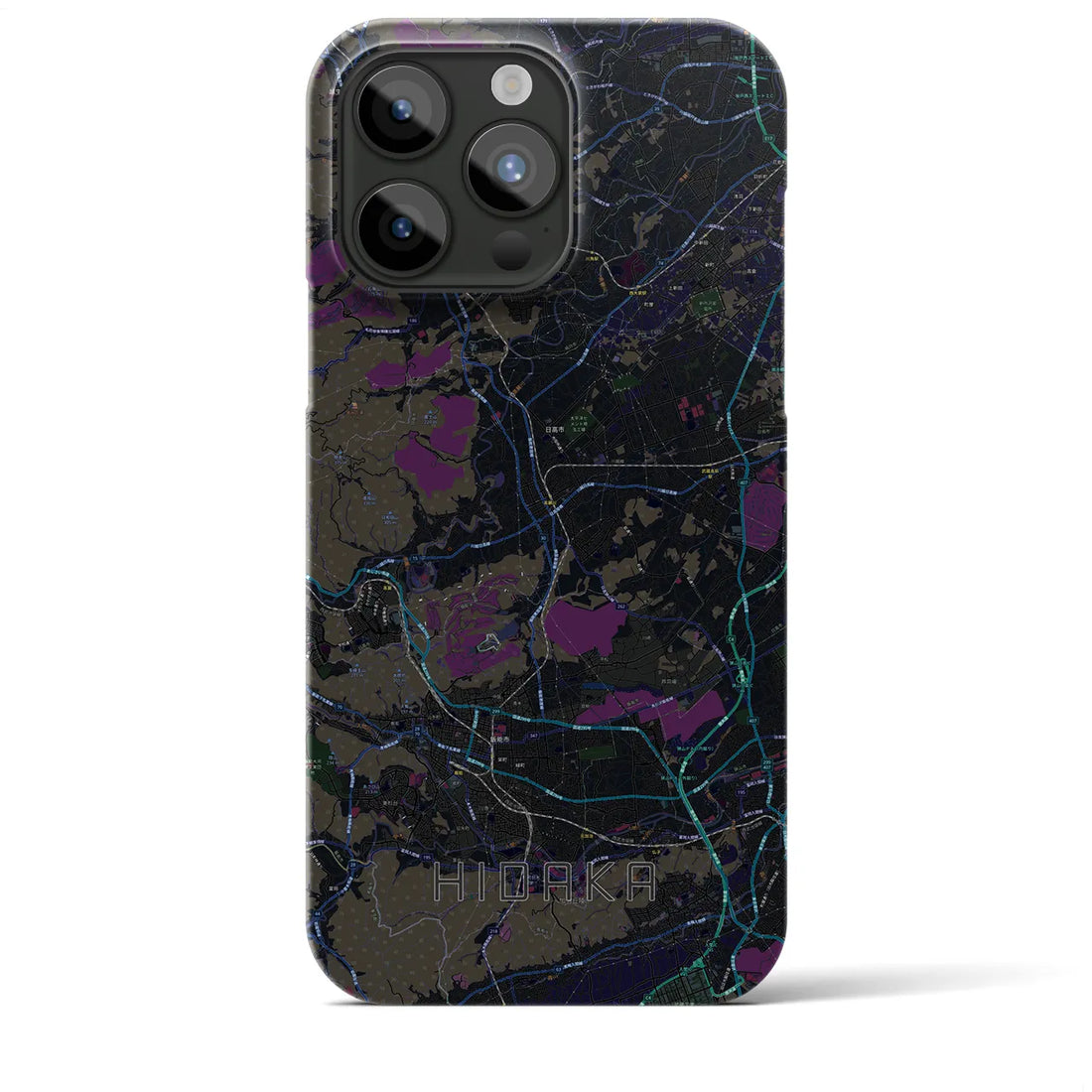 【日高】地図柄iPhoneケース（バックカバータイプ・ブラック）iPhone 15 Pro Max 用