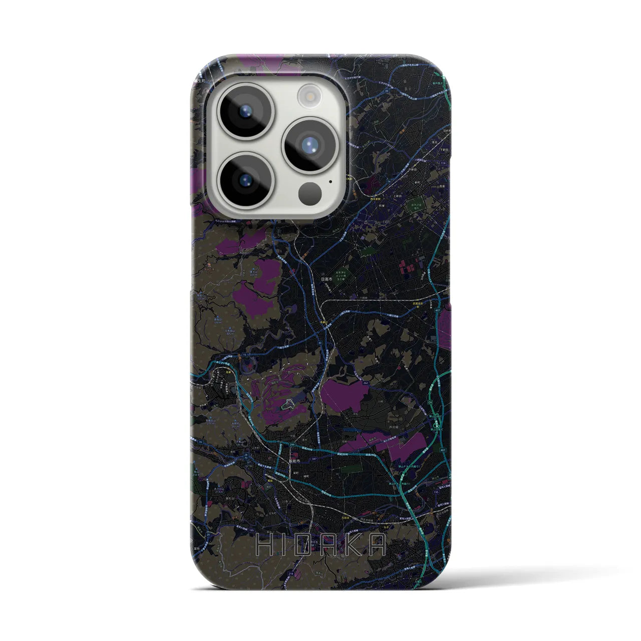 【日高】地図柄iPhoneケース（バックカバータイプ・ブラック）iPhone 15 Pro 用
