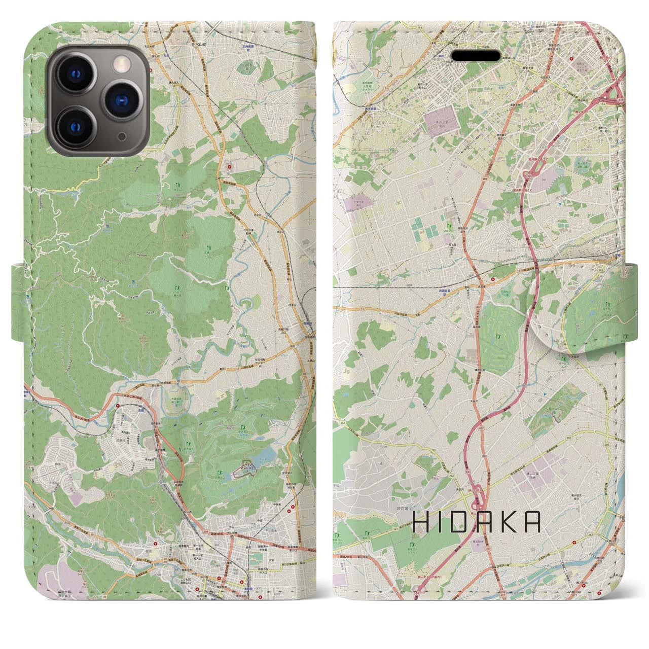 【日高】地図柄iPhoneケース（手帳両面タイプ・ナチュラル）iPhone 11 Pro Max 用
