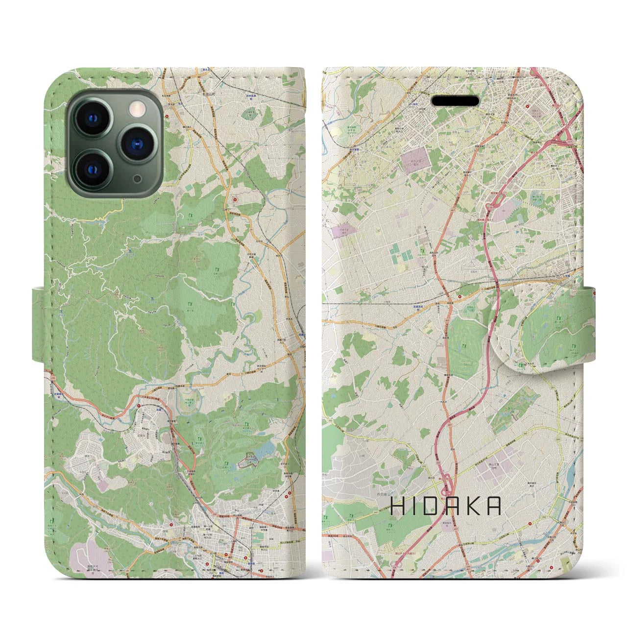 【日高】地図柄iPhoneケース（手帳両面タイプ・ナチュラル）iPhone 11 Pro 用