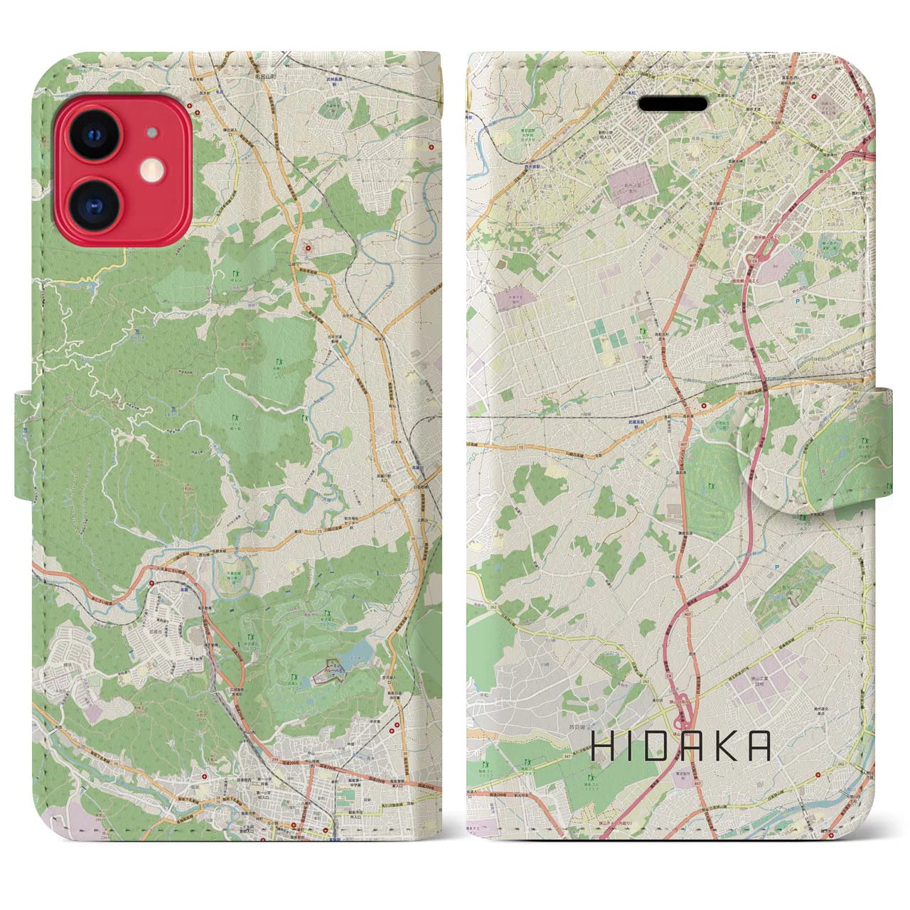 【日高】地図柄iPhoneケース（手帳両面タイプ・ナチュラル）iPhone 11 用