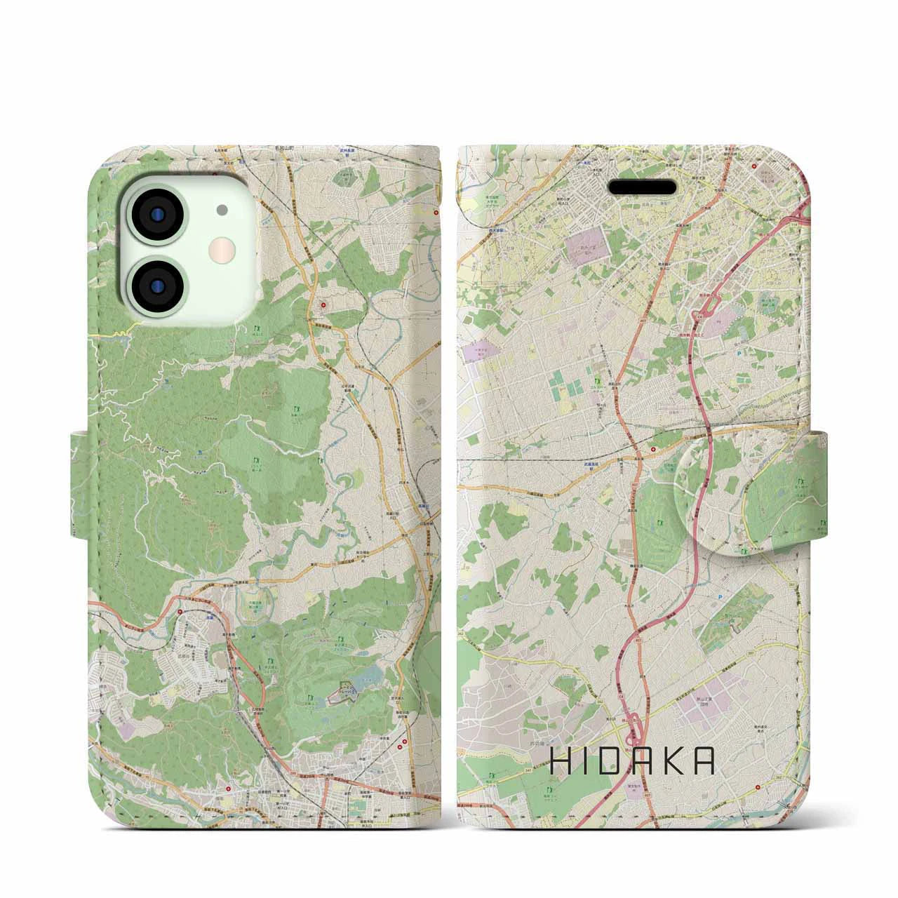 【日高】地図柄iPhoneケース（手帳両面タイプ・ナチュラル）iPhone 12 mini 用