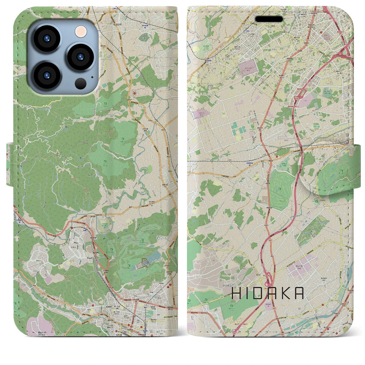 【日高】地図柄iPhoneケース（手帳両面タイプ・ナチュラル）iPhone 13 Pro Max 用