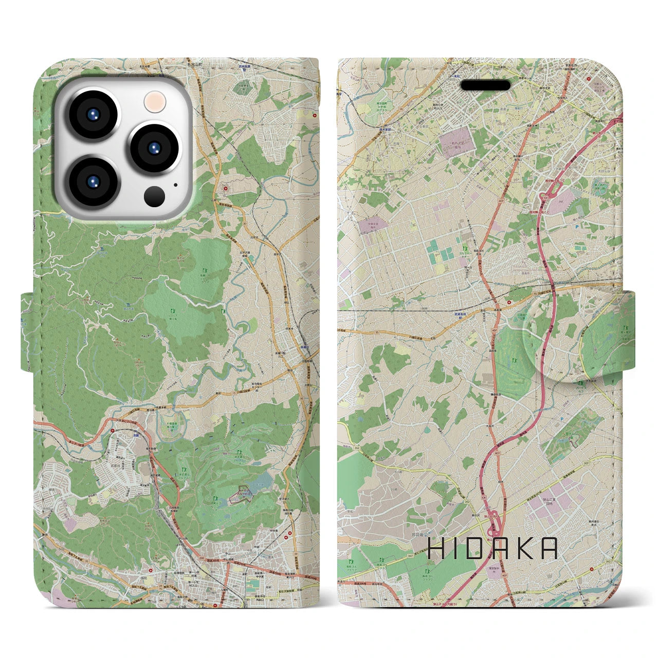 【日高】地図柄iPhoneケース（手帳両面タイプ・ナチュラル）iPhone 13 Pro 用