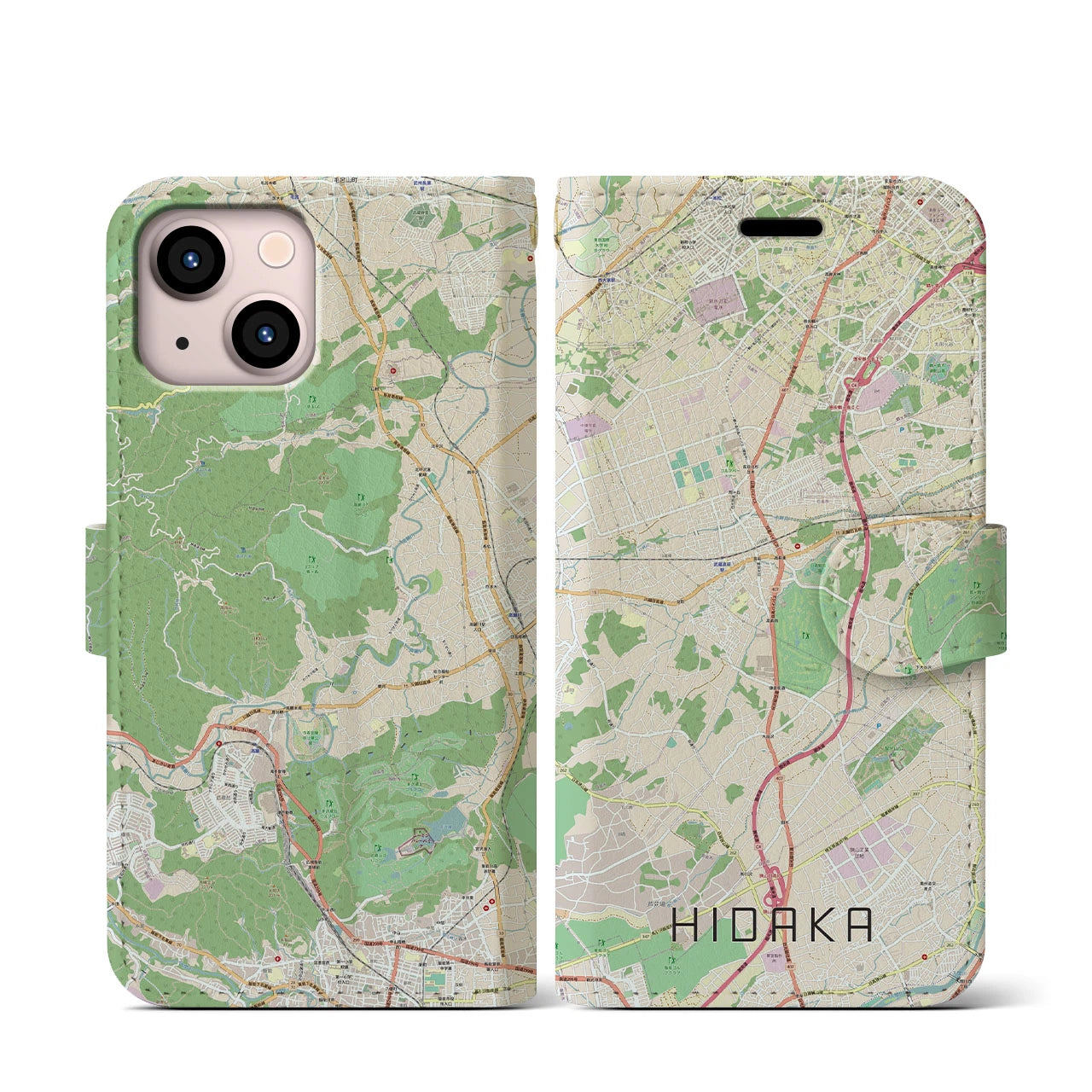 【日高】地図柄iPhoneケース（手帳両面タイプ・ナチュラル）iPhone 13 mini 用