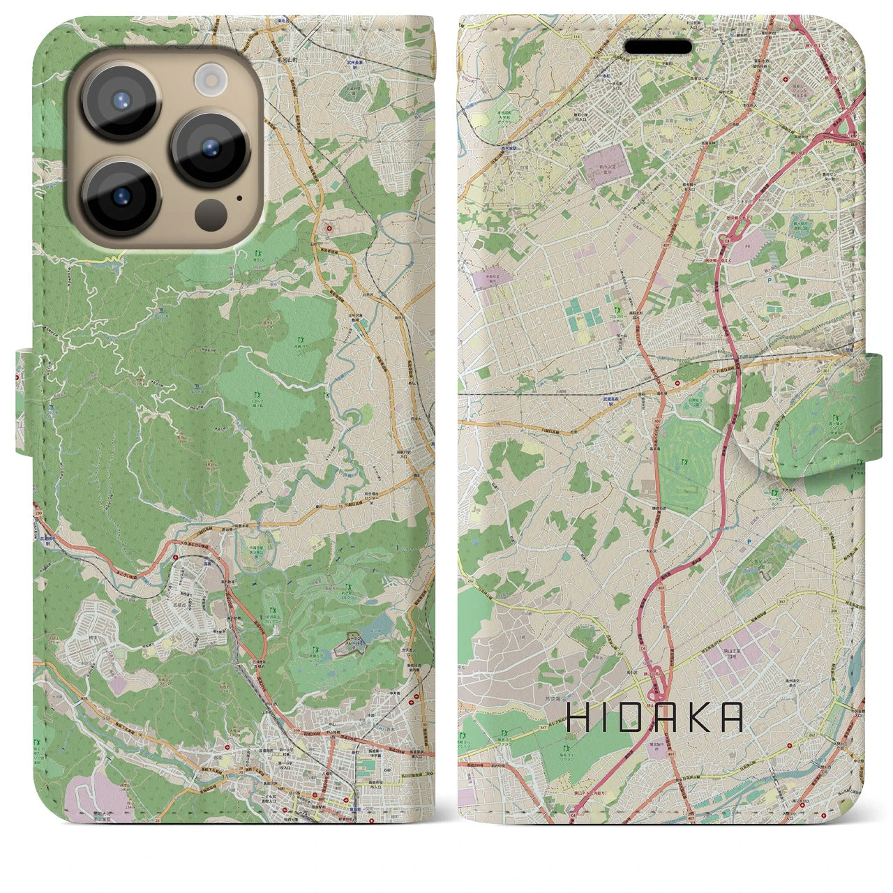 【日高】地図柄iPhoneケース（手帳両面タイプ・ナチュラル）iPhone 14 Pro Max 用