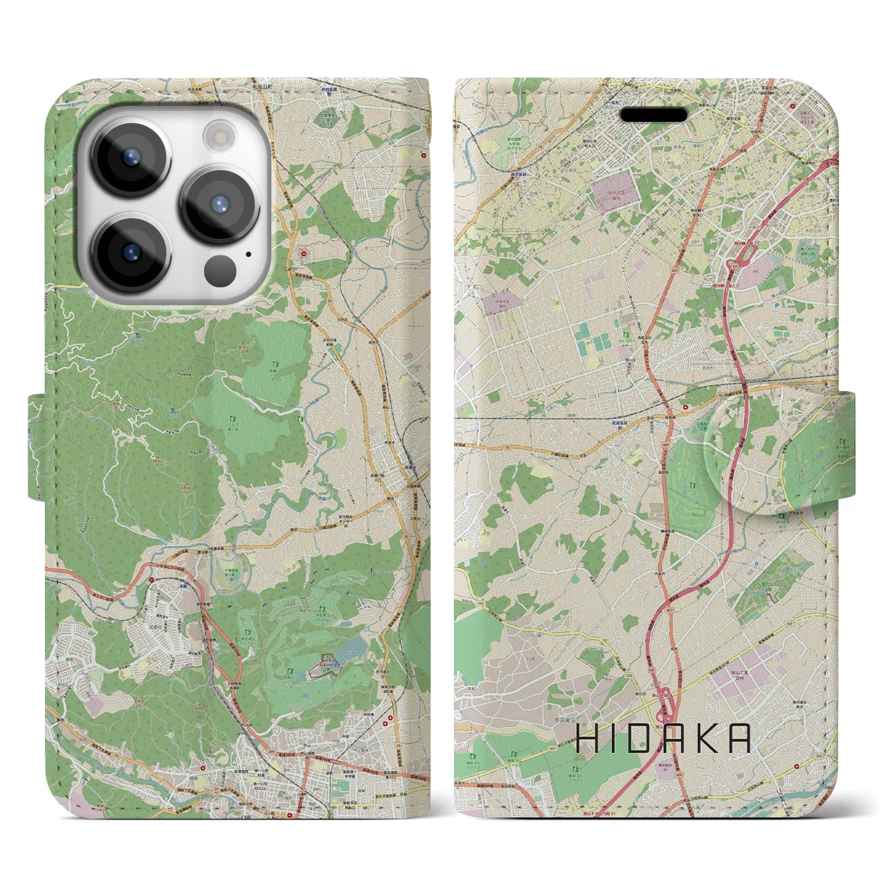 【日高】地図柄iPhoneケース（手帳両面タイプ・ナチュラル）iPhone 14 Pro 用