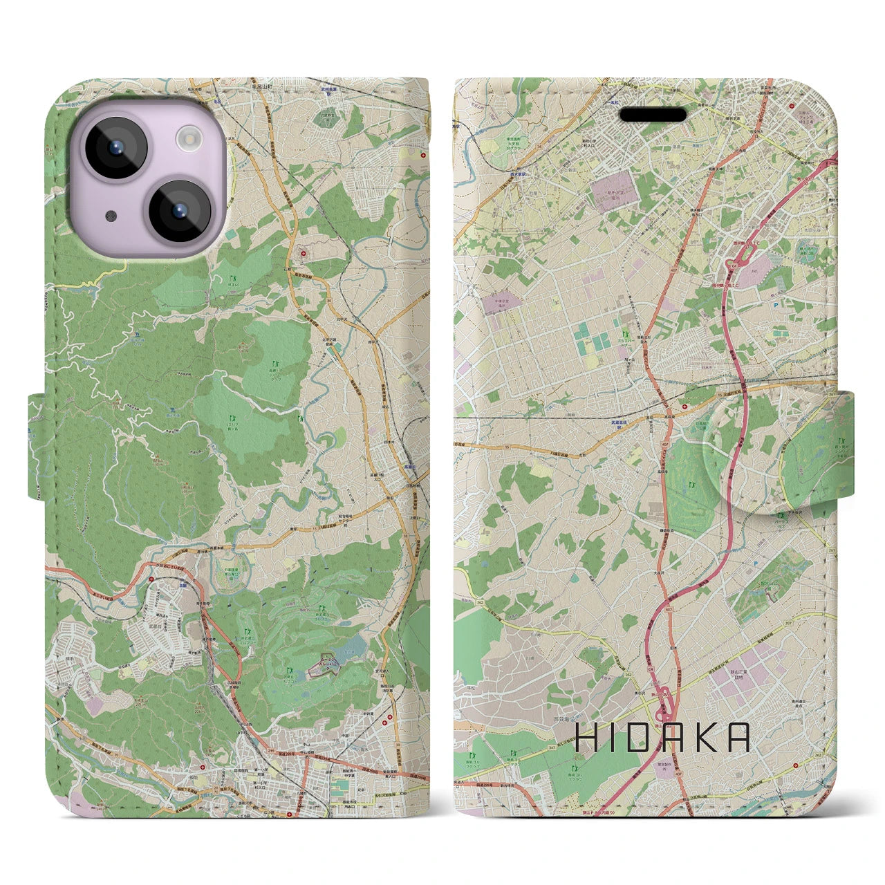 【日高】地図柄iPhoneケース（手帳両面タイプ・ナチュラル）iPhone 14 用