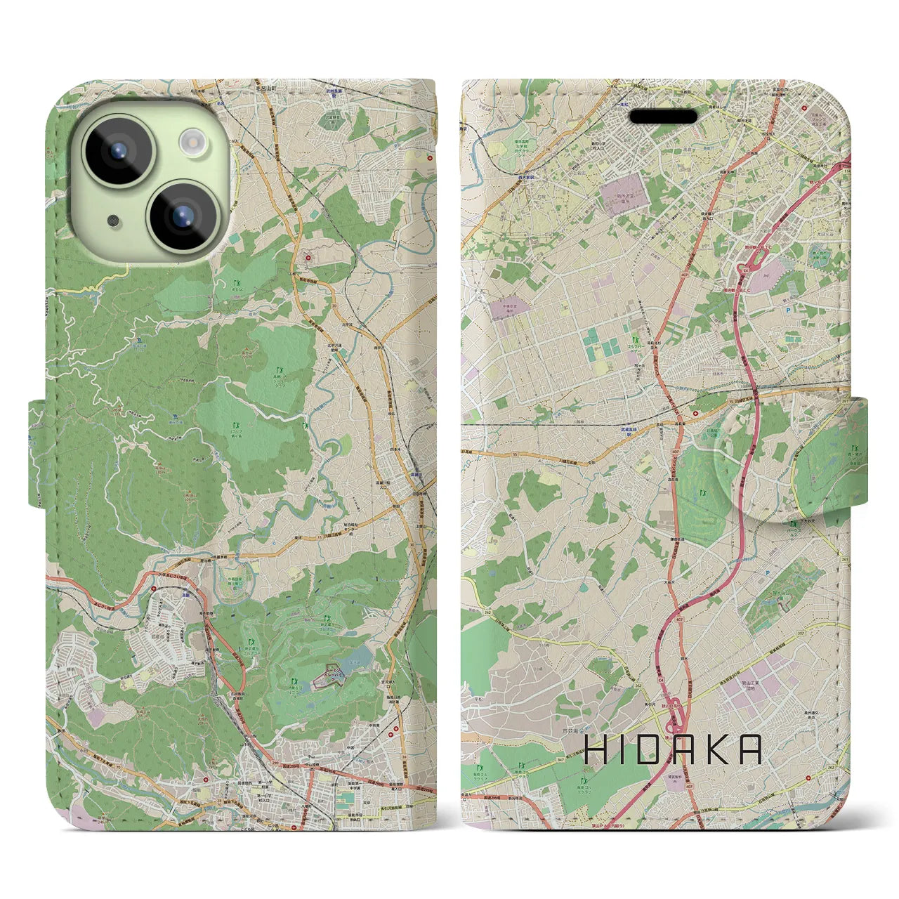【日高】地図柄iPhoneケース（手帳両面タイプ・ナチュラル）iPhone 15 用