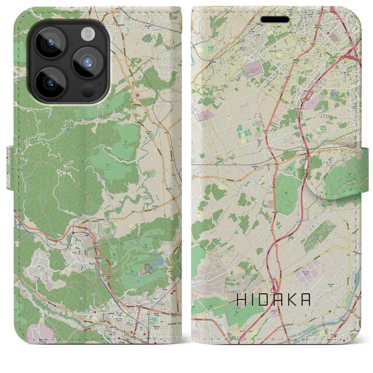 【日高】地図柄iPhoneケース（手帳両面タイプ・ナチュラル）iPhone 15 Pro Max 用