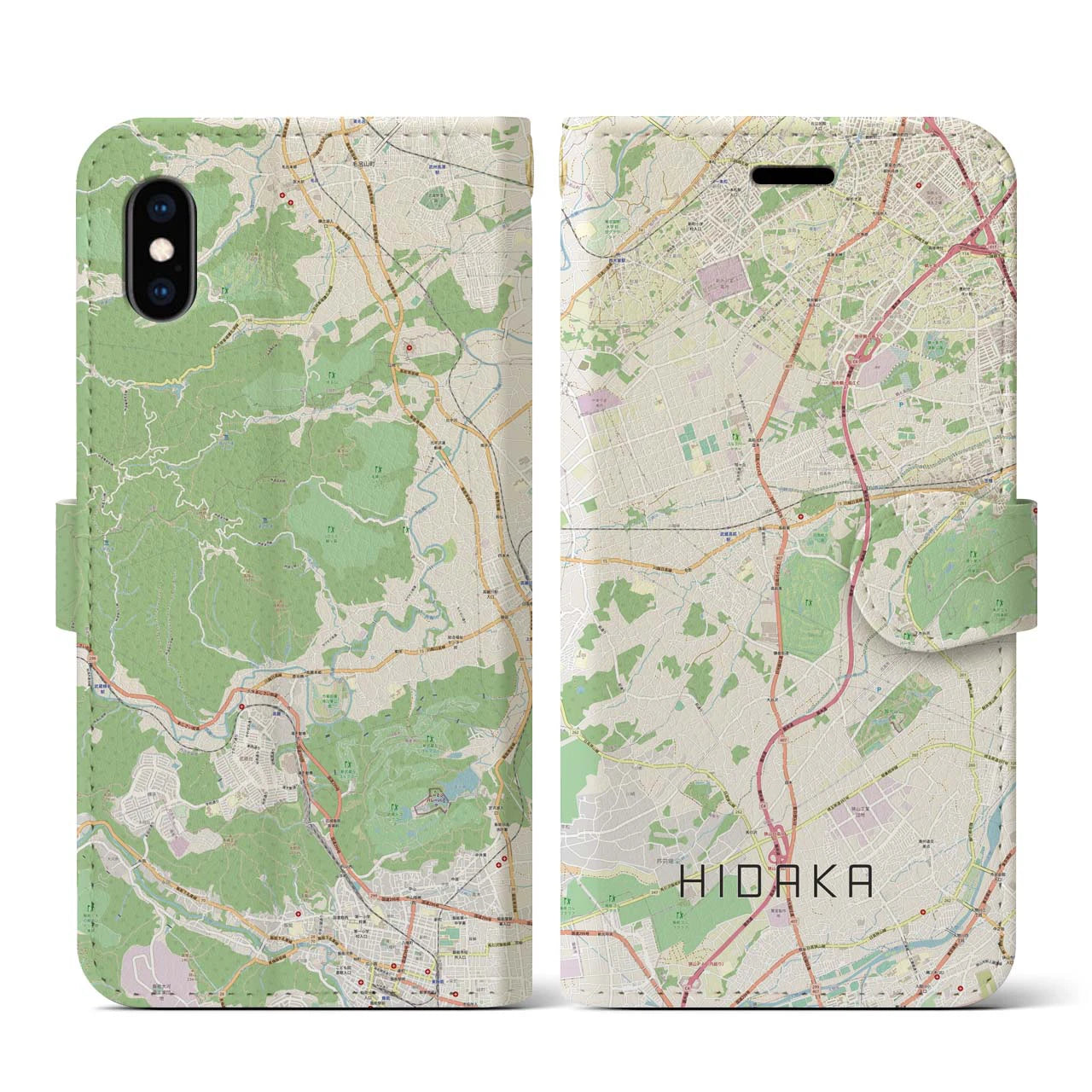 【日高】地図柄iPhoneケース（手帳両面タイプ・ナチュラル）iPhone XS / X 用