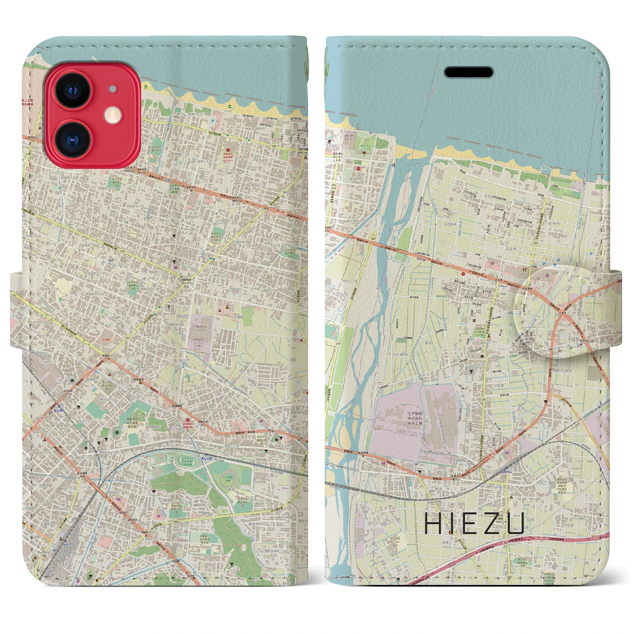 【日吉津】地図柄iPhoneケース（手帳両面タイプ・ナチュラル）iPhone 11 用