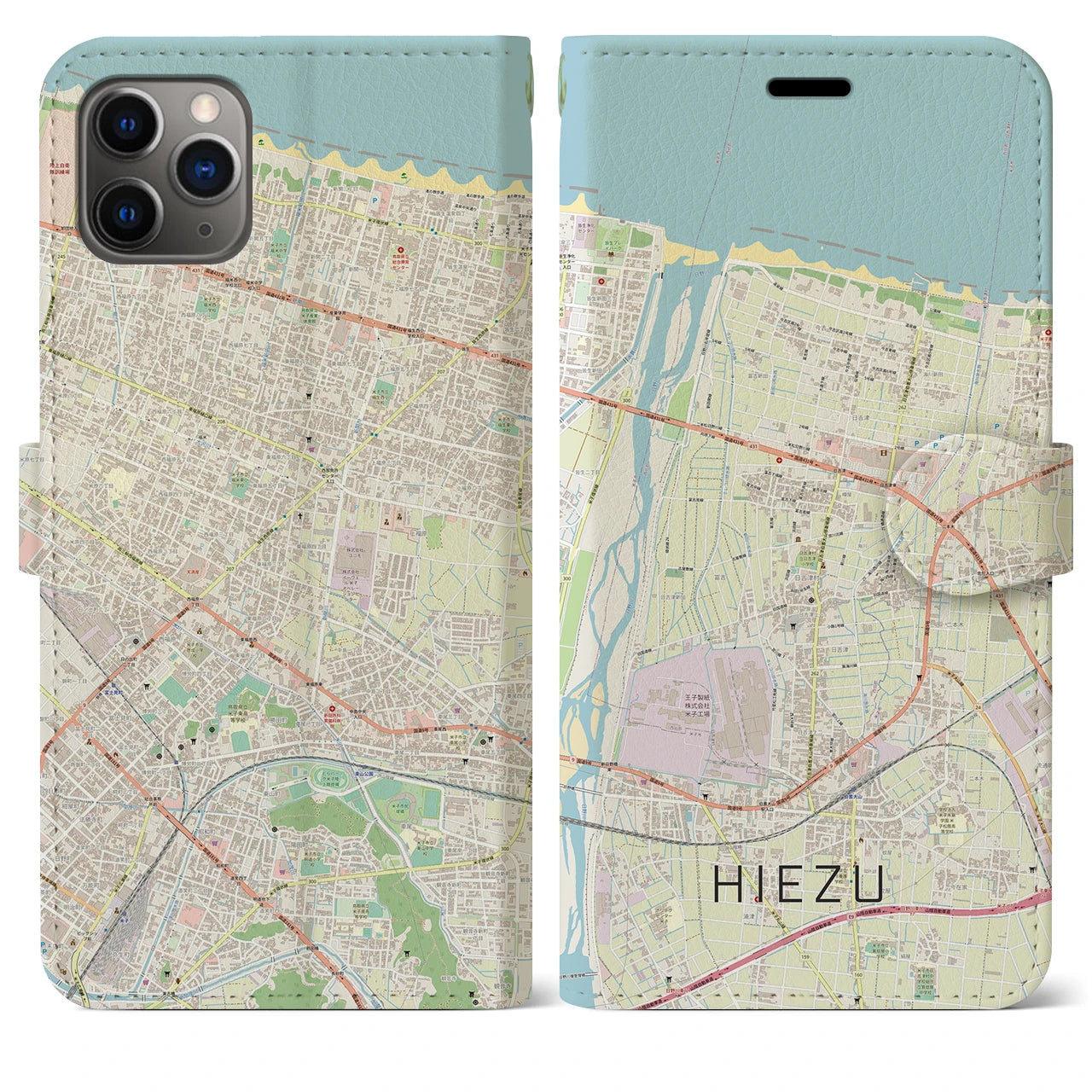 【日吉津】地図柄iPhoneケース（手帳両面タイプ・ナチュラル）iPhone 11 Pro Max 用