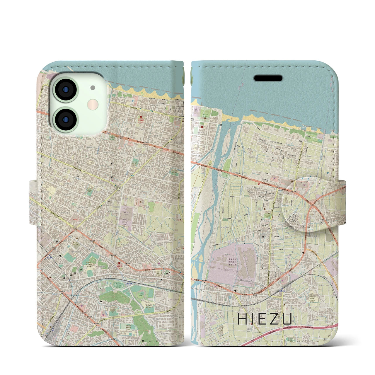 【日吉津】地図柄iPhoneケース（手帳両面タイプ・ナチュラル）iPhone 12 mini 用