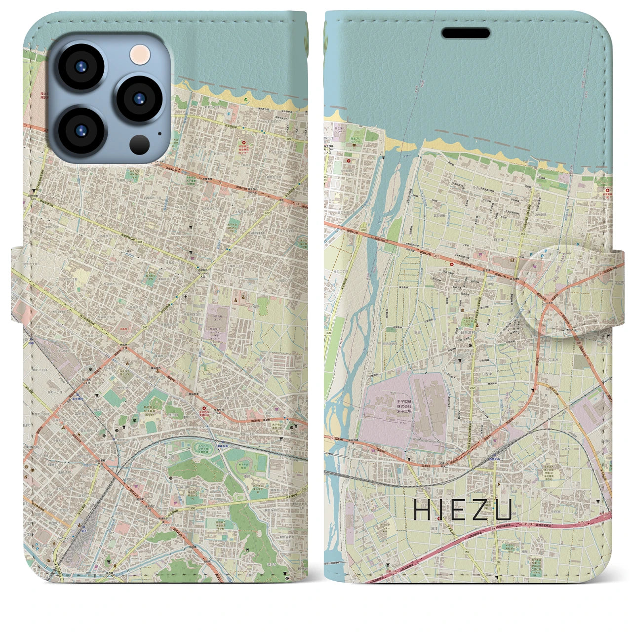 【日吉津】地図柄iPhoneケース（手帳両面タイプ・ナチュラル）iPhone 13 Pro Max 用
