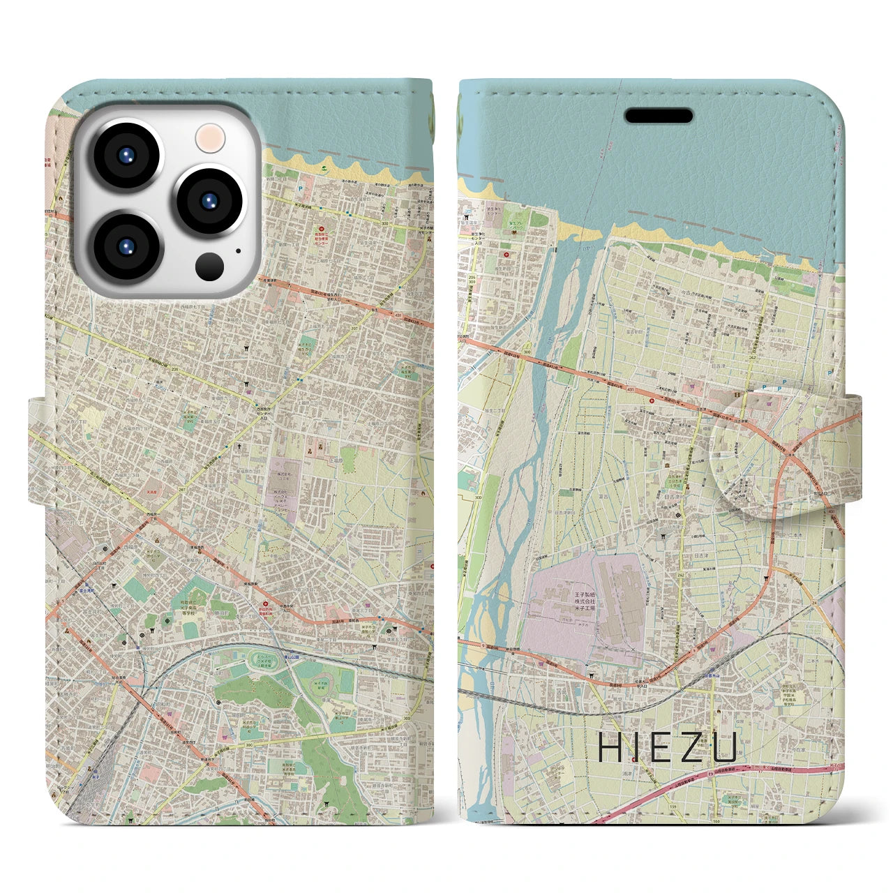 【日吉津】地図柄iPhoneケース（手帳両面タイプ・ナチュラル）iPhone 13 Pro 用