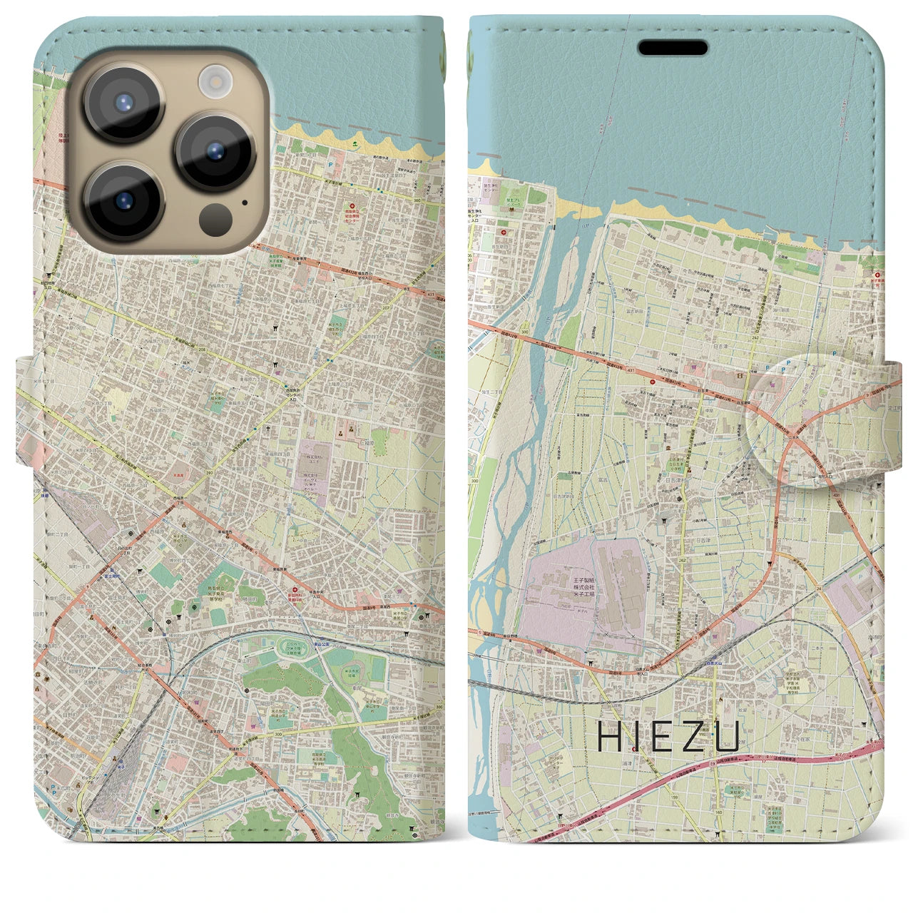 【日吉津】地図柄iPhoneケース（手帳両面タイプ・ナチュラル）iPhone 14 Pro Max 用