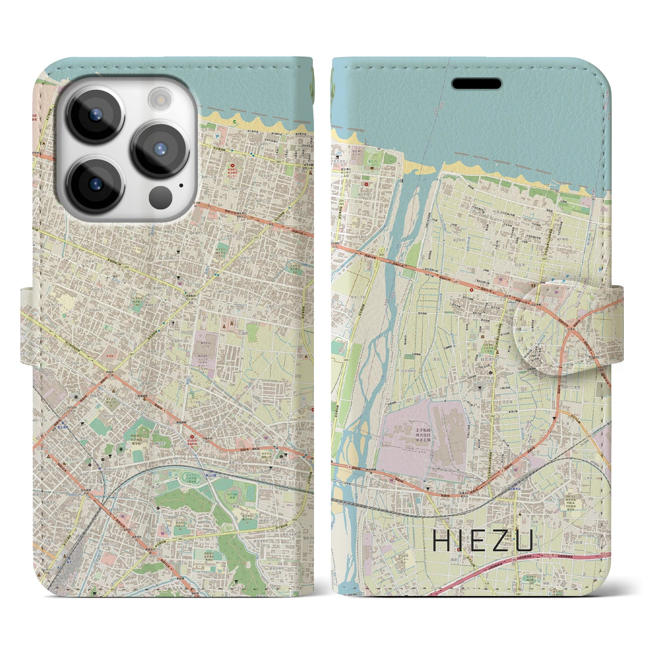【日吉津】地図柄iPhoneケース（手帳両面タイプ・ナチュラル）iPhone 14 Pro 用
