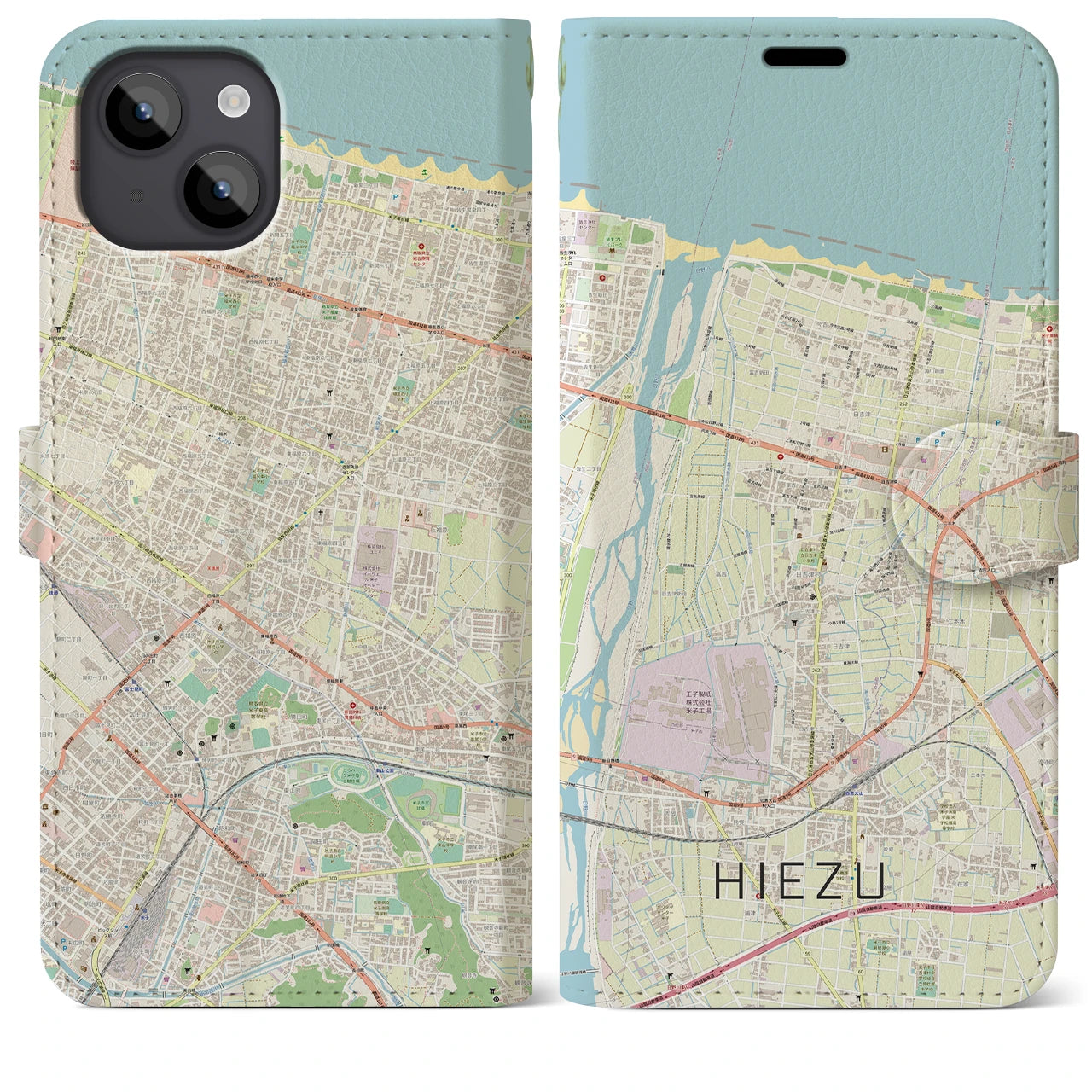 【日吉津】地図柄iPhoneケース（手帳両面タイプ・ナチュラル）iPhone 14 Plus 用