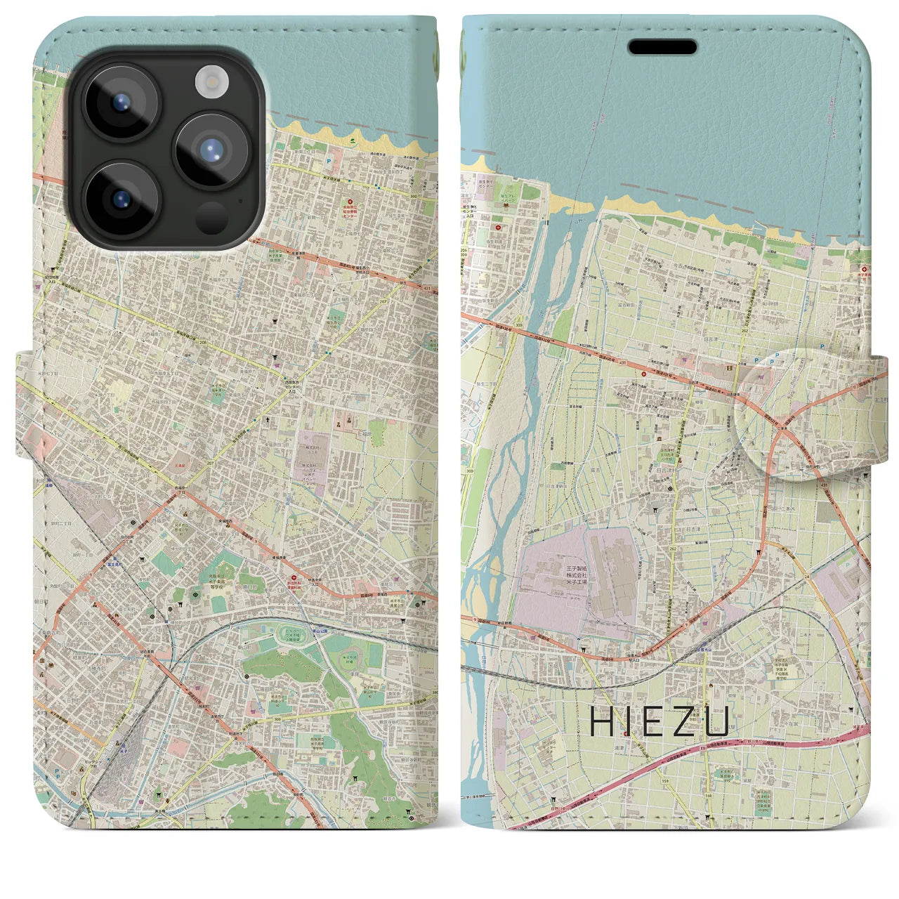 【日吉津】地図柄iPhoneケース（手帳両面タイプ・ナチュラル）iPhone 15 Pro Max 用